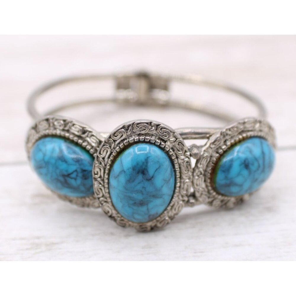 Vintage Silver-Tone Bracelet Faux Turquoise Stone Accents Ornate Metalwork Hinge